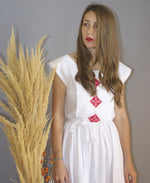 Load image into Gallery viewer, White cotton dress with red Romanian motif
