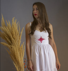 White cotton circle dress with Romanian motif