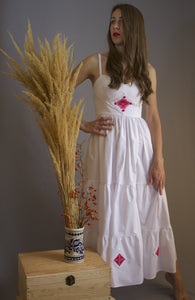 White cotton circle dress with Romanian motif