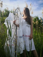 Load image into Gallery viewer, White cotton wrap dress with red Romanian motif
