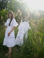 Load image into Gallery viewer, White cotton dress with blue Romanian motif
