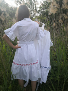 White cotton dress with red Romanian motif